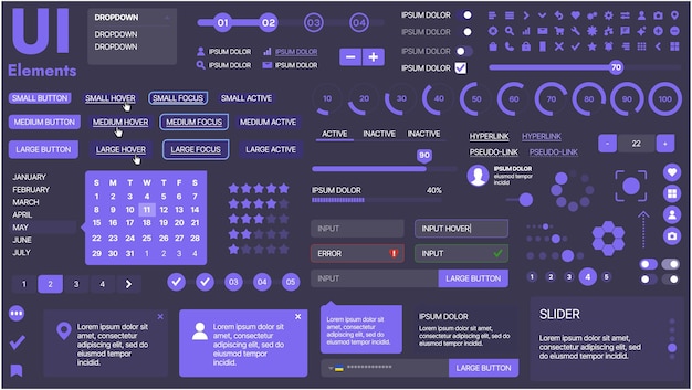 Un kit d'interface utilisateur moderne comprenant une collection de boutons, d'icônes, de menus de navigation et d'éléments de conception réactifs. Il comprend des formulaires de connexion, des lecteurs multimédias, des barres de recherche et des calendriers idéaux pour les applications et les sites Web.