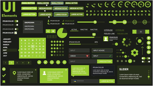 Un kit d'interface utilisateur moderne comprenant une collection de boutons, d'icônes, de menus de navigation et d'éléments de conception réactifs. Il comprend des formulaires de connexion, des lecteurs multimédias, des barres de recherche et des calendriers idéaux pour les applications et les sites Web.
