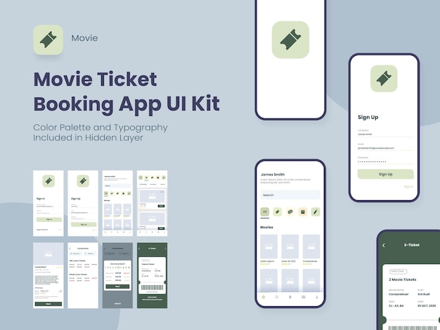 Vecteur kit d'interface utilisateur pour l'application de réservation de billets de cinéma, y compris la connexion au compte, les écrans de réservation et de révision du type de service pour un site web réactif