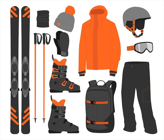 Kit matériel de ski vêtements homme. Sports d'hiver extrêmes. Mettez les skis. vacances, activité ou voyage sport montagne froid loisirs.