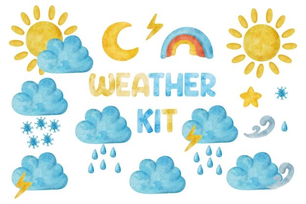 Vecteur kit météo aquarelle dessiné à la main illustrations mignonnes pour bébés enfants