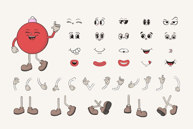 Kit de personnages de Noël Bauble Mascotte rétro en EPS vectoriel