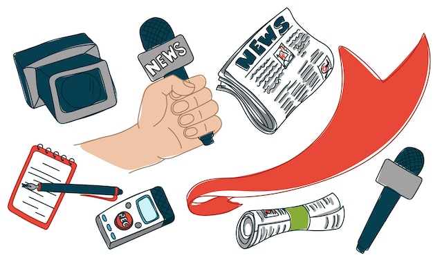 Kit de presse pour la Journée mondiale de la liberté de la presse 3 mai Dessin de contour avec des taches d'une main avec un microphone