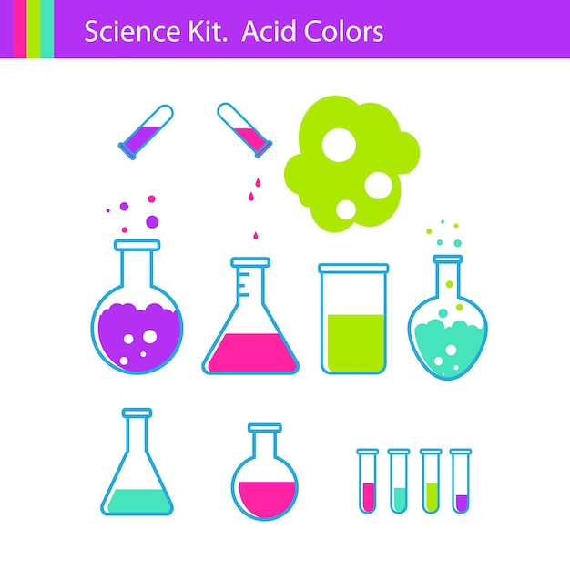 Kit scientifique avec goutte de verre de flacon de couleurs acides