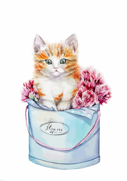 Vecteur kittem aquarelle avec bouquet de fleurs boîte à chapeau botanique magenta