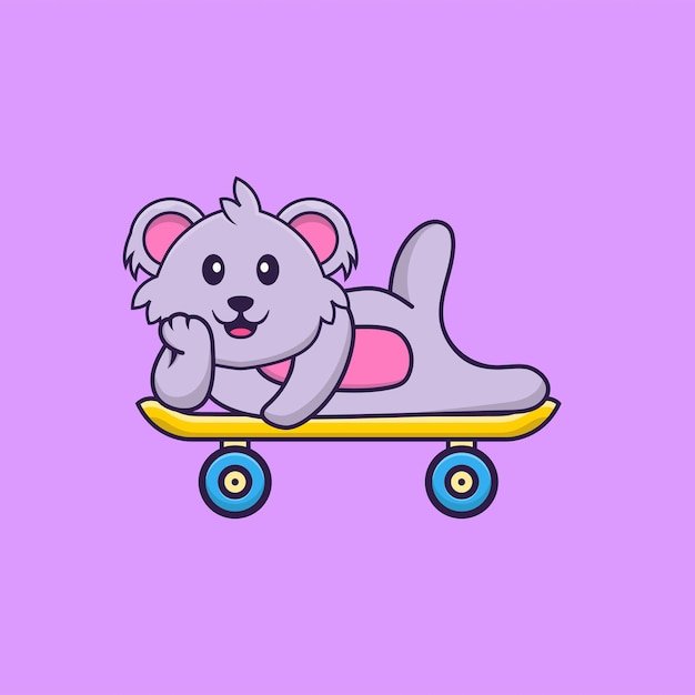 Koala Mignon Allongé Sur Une Planche à Roulettes Concept De Dessin Animé Animal Isolé