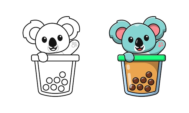 Koala Mignon Dans Des Pages De Coloriage De Dessin Animé De Thé à Bulles Pour Les Enfants