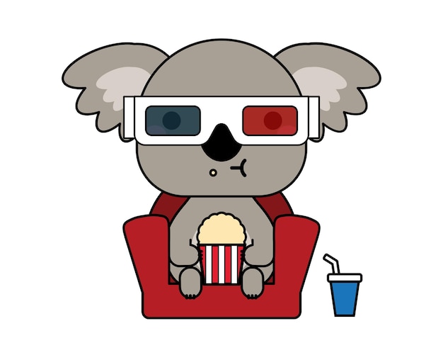 Vecteur koala mignon avec lunettes 3d et conception d'illustration vectorielle de pop-corn