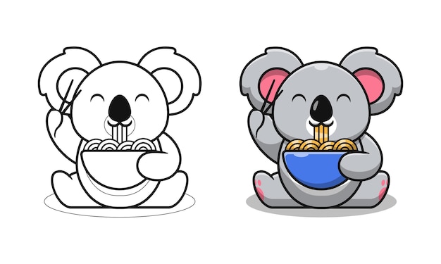 Koala Mignon Mangeant Des Nouilles Dessin Animé Pages à Colorier Pour Les Enfants