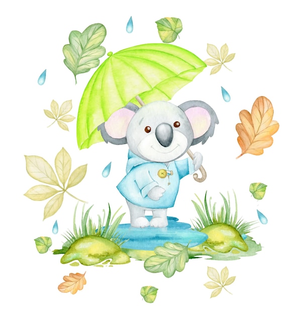 Koala, Avec Un Parapluie, Entouré De Feuilles D'automne Et De Gouttes De Pluie. Notion D'aquarelle