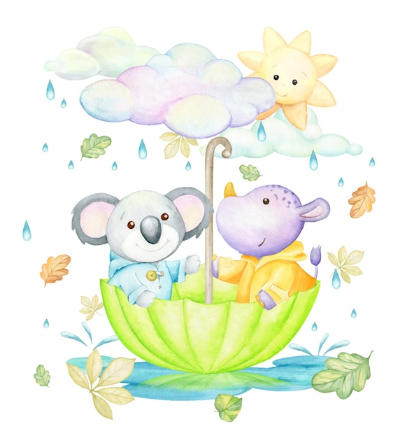 Koala, Rhinocéros, Parapluie, Pluie, Feuilles D'automne, Nuages, Soleil. Un Concept D'aquarelle, Dans Un Style Cartoon