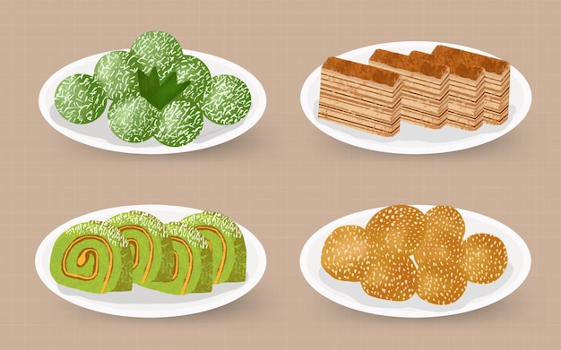 Vecteur kue jajanan tradisional indonesia - traduire les aliments traditionnels indonésiens et les collations illustration peinte à la main à l'aquarelle