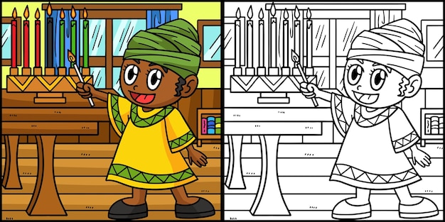 Vecteur kwanzaa enfant allumant kinara illustration colorée