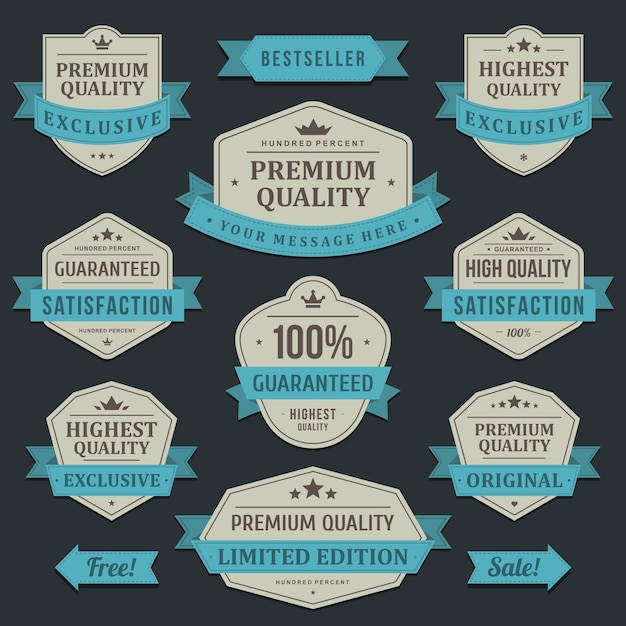 Label de produits de haute qualité. Vintage ancienne entreprise en ruban bleu enveloppé meilleur rabais exclusif.