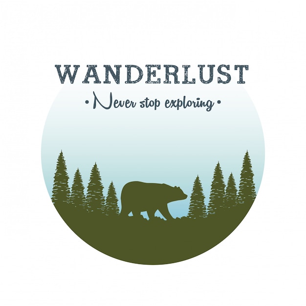 Label Wanderlust avec paysage et scène de grizzly