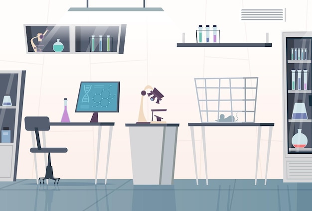Laboratoire de chimie intérieur laboratoire des scientifiques arrière-plan de dessin animé vectoriel