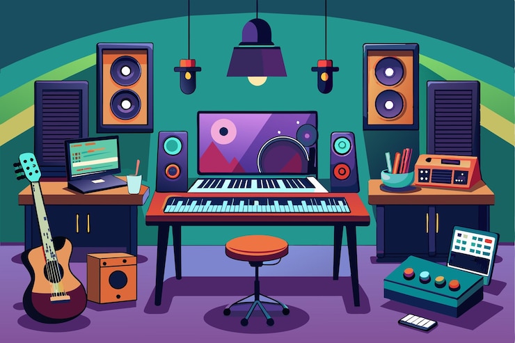 Vecteur un laboratoire informatique pour les musiciens avec des stations de travail audio numériques et des écouteurs