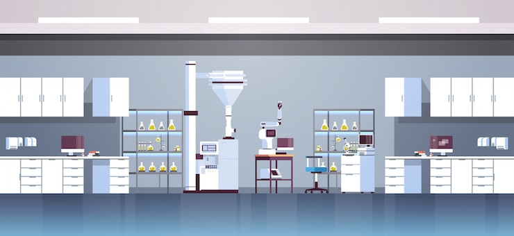 Laboratoire de recherche chimique vide avec différents équipements