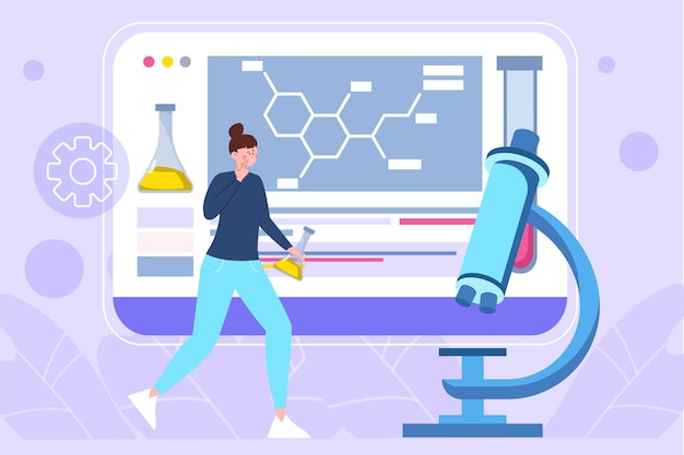 Laboratoire scientifique de concept violet avec scène de personnes dans la conception de dessin animé plat