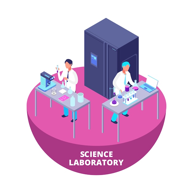 Vecteur laboratoire scientifique laboratoire de recherche isométrique 3d avec équipement de laboratoire et scientifiques