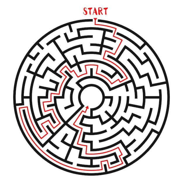 Labyrinthe de cercle avec labyrinthe de solution avec entrée et sortie trouver la sortie concept illustration vectorielle