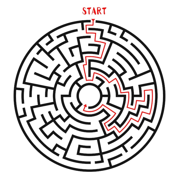 Labyrinthe de cercle avec labyrinthe de solution avec entrée et sortie trouver la sortie concept illustration vectorielle