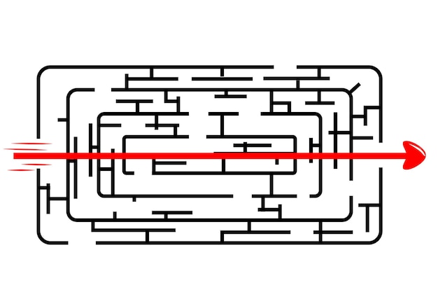 Labyrinthe De Coin Arrondi De Rectangle Noir De Vecteur, Ligne Rouge De Dedans à Dehors Avec La Flèche