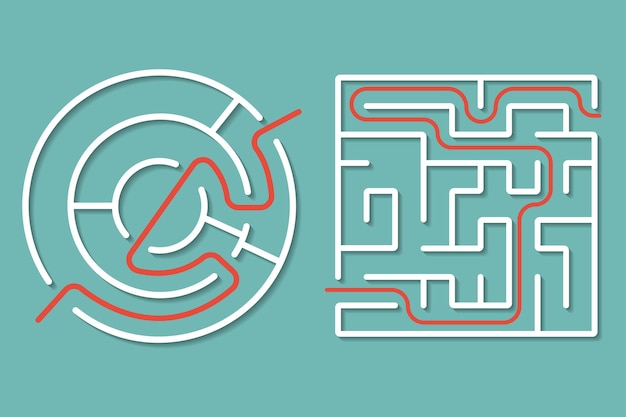 Vecteur labyrinthe forme ronde et carrée labyrinthe avec une ligne rouge le chemin vers la sortie illustration vectorielle