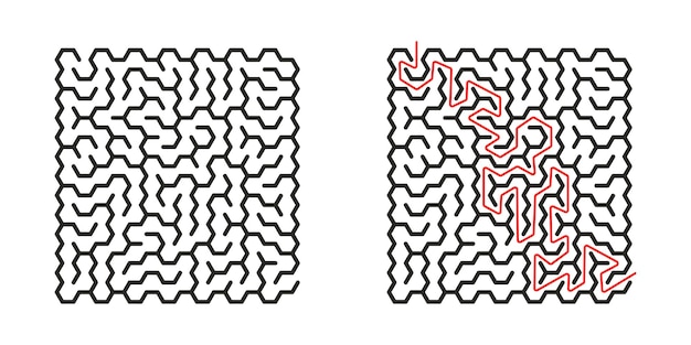 Labyrinthe de jeu de logique éducative pour les enfants. Trouvez le bon chemin. Ligne noire de labyrinthe hexagonal simple isolé sur fond blanc. Avec la solution. Illustration vectorielle.