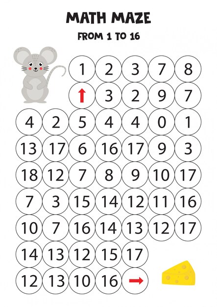Labyrinthe mathématique de un à 16. Aidez la souris à se rendre au fromage.