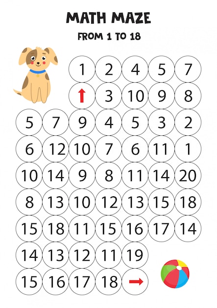 Labyrinthe mathématique de un à 18. Aidez le chien à se rendre au ballon.