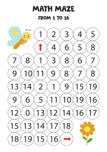 Labyrinthe mathématique avec joli papillon kawaii et fleurs. Comptez jusqu'à 16. Jeu imprimable pour les enfants.
