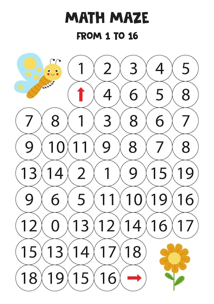 Labyrinthe Mathématique Avec Joli Papillon Kawaii Et Fleurs. Comptez Jusqu'à 16. Jeu Imprimable Pour Les Enfants.