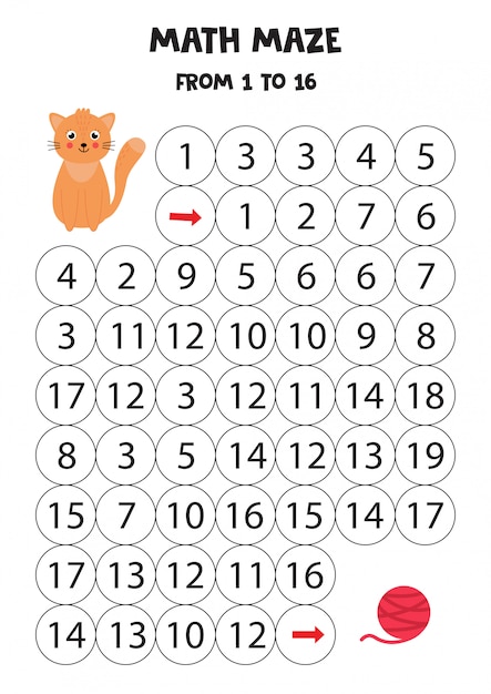 Labyrinthe mathématique pour les enfants. Chat de dessin animé mignon et pelote de fil.