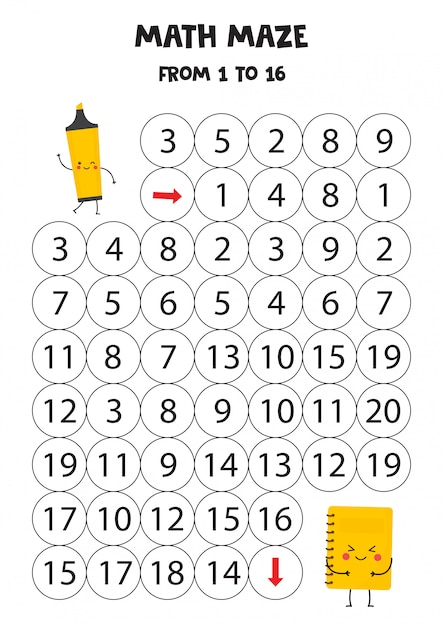 Labyrinthe Mathématique Pour Les Enfants. Surligneur Et Cahier Kawaii Mignon.