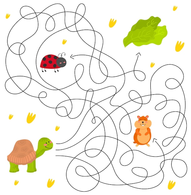 Vecteur labyrinthe mignon pour enfantsjeu pour enfants puzzle pour enfants caractère heureux labyrinthe énigme illustration vectorielle eps 10 trouver le bon chemin style de dessin animé tortue coccinelle laitue hamster