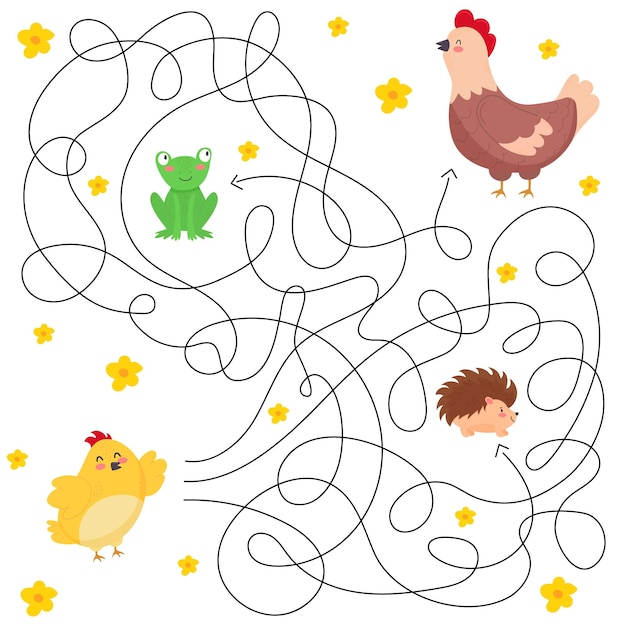 Vecteur labyrinthe mignon pour enfantsjeu pour enfants puzzle pour enfants caractère heureux labyrinthe énigme vecteur de couleur illustration eps 10 trouver le bon chemin style de bande dessinée grenouille nichée hérisson poulet