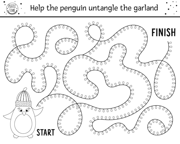 Labyrinthe De Noël Noir Et Blanc Pour Les Enfants. Activité éducative Ou Coloriage Imprimable Préscolaire Hiver Nouvel An. Jeu De Vacances Amusant Ou Puzzle Avec Un Mignon Pingouin En Chapeau Et Guirlande.