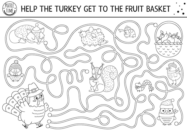 Labyrinthe noir et blanc de Thanksgiving pour les enfants Activité imprimable préscolaire de vacances de ligne d'automne Jeu de labyrinthe de contour d'automne ou puzzle avec des animaux de pommes d'oiseaux mignons Aidez la dinde à se rendre au panierxA