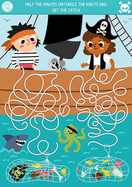 Labyrinthe De Pirates Pour Enfants Avec Mer De Navires Et Marins Pour Enfants Chasse Au Trésor Activité Imprimable Préscolaire Jeu Ou Puzzle De Labyrinthe D'aventures En Mer Aidez Les Pirates à Démêler Les Nœuds Et à Obtenir Le Catchxa