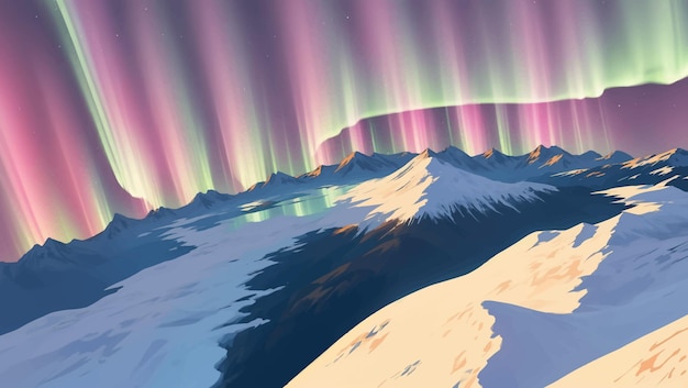 Vecteur lac enneigé en hiver avec des montagnes enneigées et des aurores boréales illustration de peinture dessinée à la main