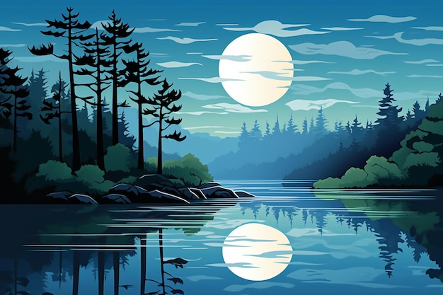 Vecteur lac avec la lune sur l'eau et les arbres