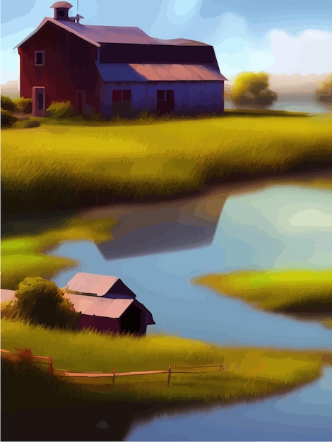 Lac Maisons été Paysage Naturel Illustration Vectorielle Dessin Animé Beau Paysage De Campagne Rurale