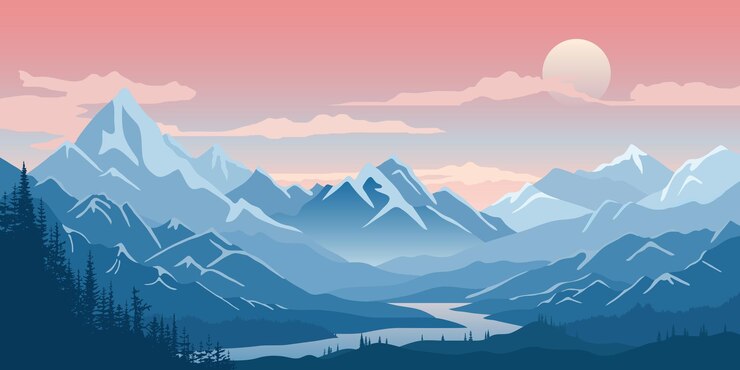 Vecteur le lac de la montagne à l'aube lumière du matin et illustration du soleil