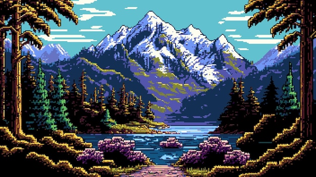 Lac de montagne et paysage forestier Ai a généré une scène de jeu en pixels 8 bits plongeant les joueurs dans une aventure pixélisée nostalgique arrière-plan rétro 8 bits avec un étang naturel serein, une forêt luxuriante et un pic rocheux