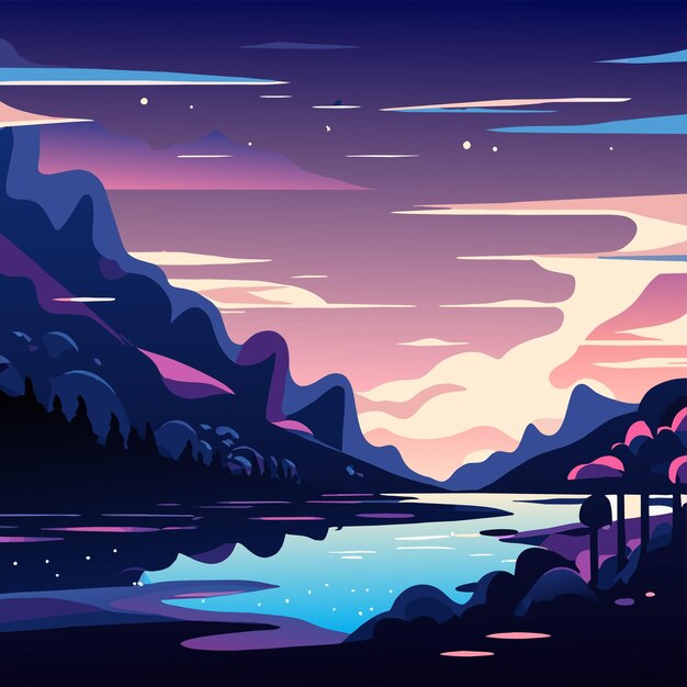 Vecteur lac de nuit rétro coucher de soleil paysage paysage dessiné à la main plat stylé autocollant d'icône de dessin animé concept