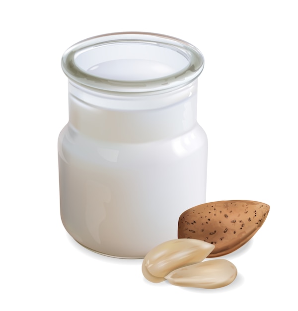 Vecteur lait d'amande réaliste bouchent. bouteille en verre avec une délicieuse boisson biologique. les amandes tombent. fonds jaunes