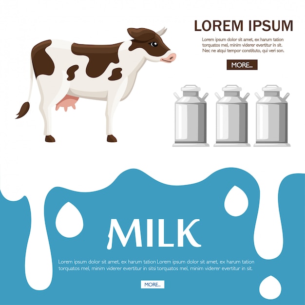 Lait Coulant Et Coulant. Splash Drop De Crème Ou De Yaourt. Vache Et Bidons De Lait. Illustration. Page Du Site Web Et Application Mobile. Concept Pour La Publicité, Place Pour Le Texte