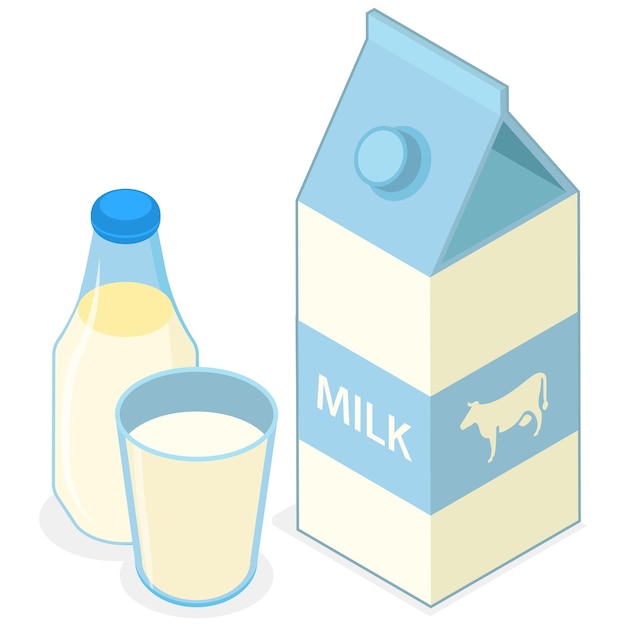 Le lait dans divers récipients dans une vue isométrique