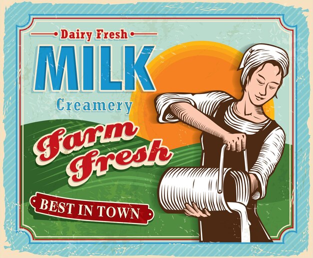 Vecteur lait frais de ferme vintage avec affiche de travailleuse